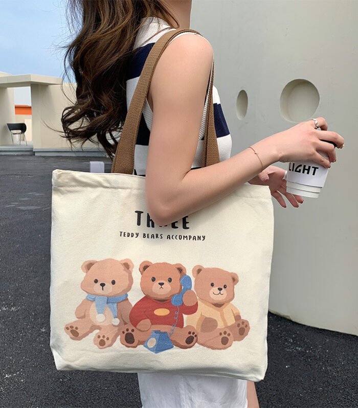 Cute Bear Printed Canvas Bag Women All-match Shoulder Bags Student Large Capacity Daily Handbags