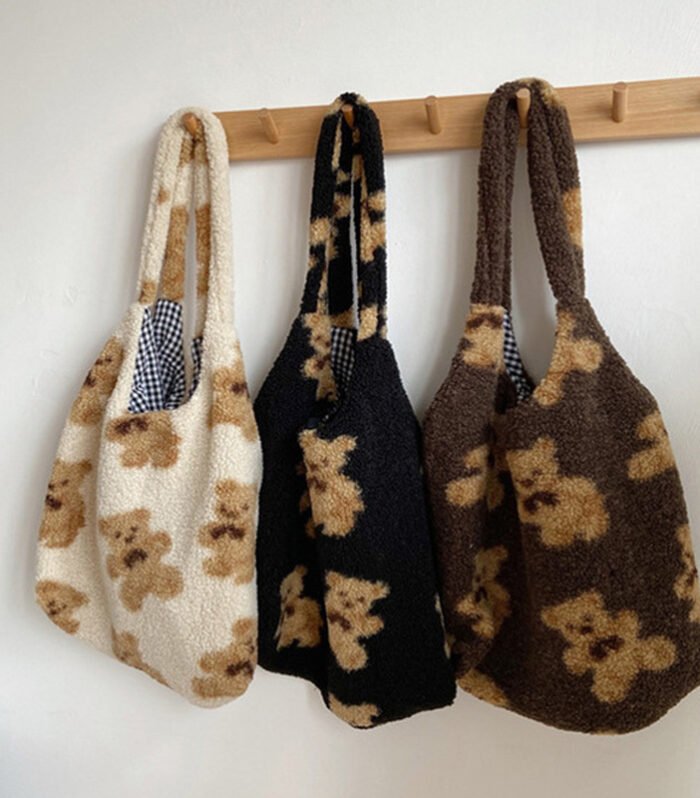 Cute Bear Print Bags Winter Lamb Shoulder Bag Women Shopping Handbags