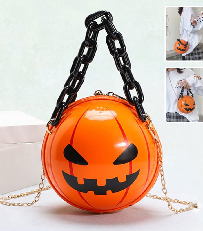 Halloween Cartoon Pumpkin Ball Handbags With Chain Personality Creative Funny Shoulder Bags For Kids Women